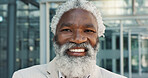 Happy, face and senior businessman in city with positive, good and confident attitude for legal career. Smile, pride and portrait of professional elderly African male lawyer from Mexico in urban town