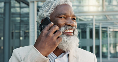 Senior black man, phone call and business communication in city for proposal or outdoor conversation. Face of mature African businessman smile and talking on mobile smartphone for discussion outside