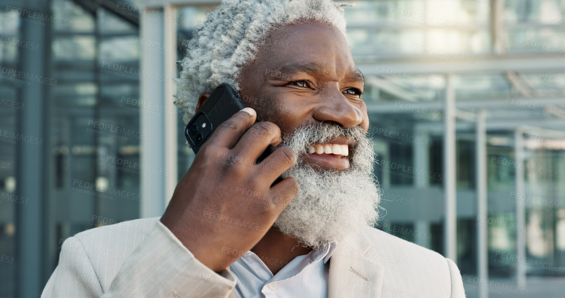 Buy stock photo Senior black man, phone call and business communication in city for proposal or outdoor conversation. Face of mature African businessman smile and talking on mobile smartphone for discussion outside