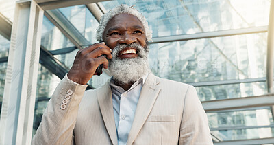 Senior black man, phone call and business conversation in city for proposal or outdoor communication. Face of mature African businessman smile and talking on mobile smartphone for discussion outside