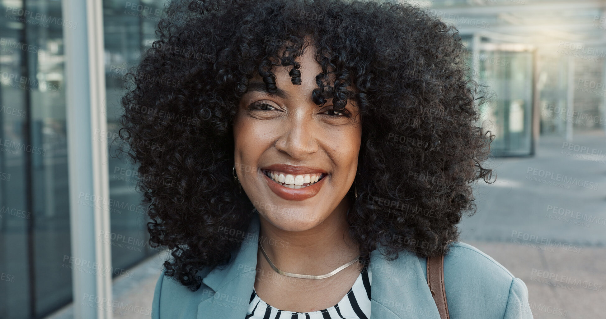 Buy stock photo Laughing, face and business woman in the city with positive, good and confident attitude for legal career. Happy, pride and portrait of professional young female lawyer from Mexico in urban town.