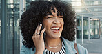 Happy black woman, phone call and business conversation in city for proposal or outdoor communication. Face of African female person, afro and smile talking on mobile smartphone in discussion outside