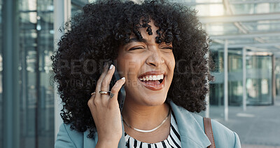 Happy black woman, phone call and business conversation in city for proposal or outdoor communication. Face of African female person, afro and smile talking on mobile smartphone in discussion outside