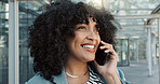 Happy black woman, phone call and business conversation in city for proposal or outdoor communication. Face of African female person, afro and smile talking on mobile smartphone in discussion outside