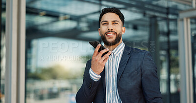 Happy businessman, phone call and communication in city for proposal or outdoor conversation. Face of man or employee smile and talking on mobile smartphone for business discussion outside building
