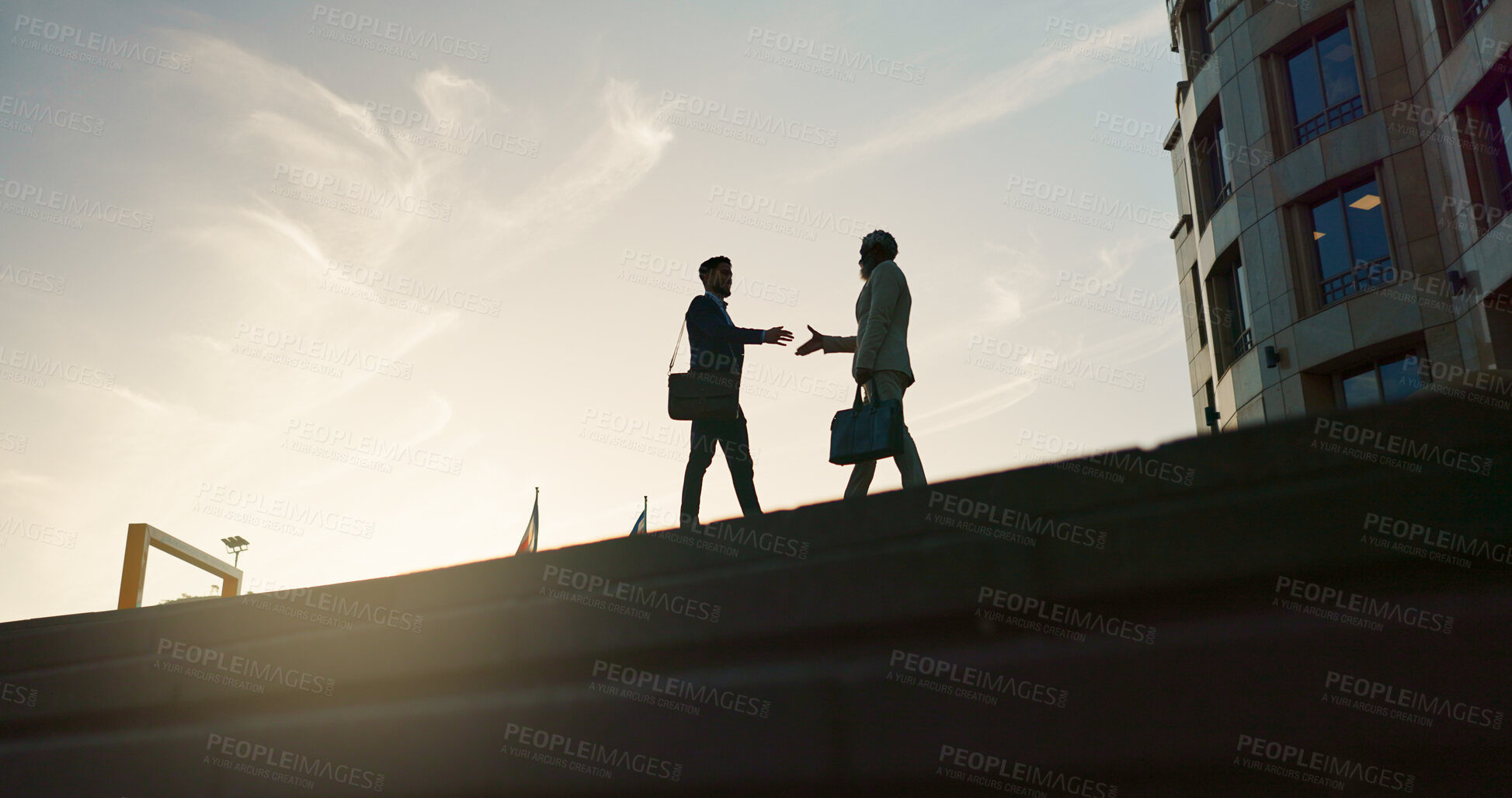 Buy stock photo Business people, handshake and city silhouette for partnership, outdoor introduction and travel meeting. Corporate clients or men shaking hands for welcome, hello and agreement or career opportunity