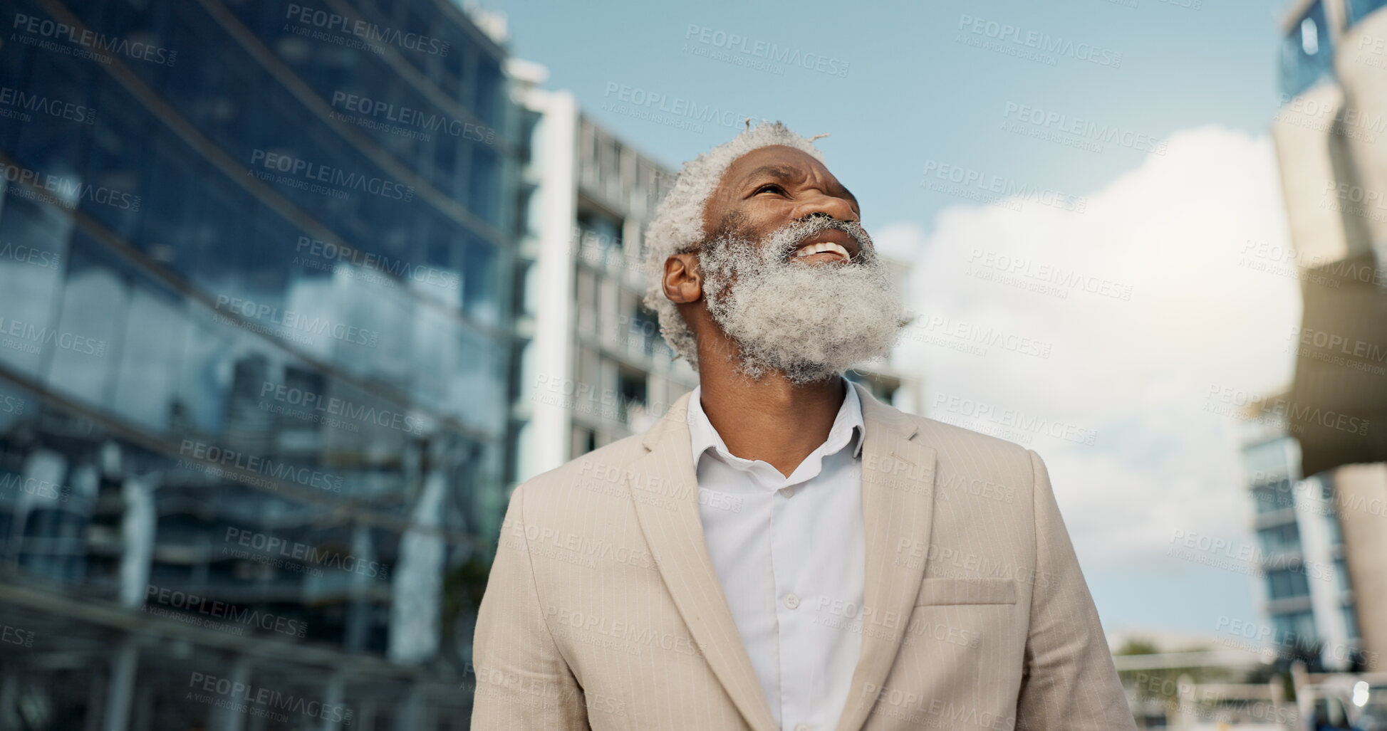 Buy stock photo City, business and elderly man with thinking, entrepreneur and opportunity with peace, startup and decision. African person, outdoor and agent with professional, accountant and New York with choice