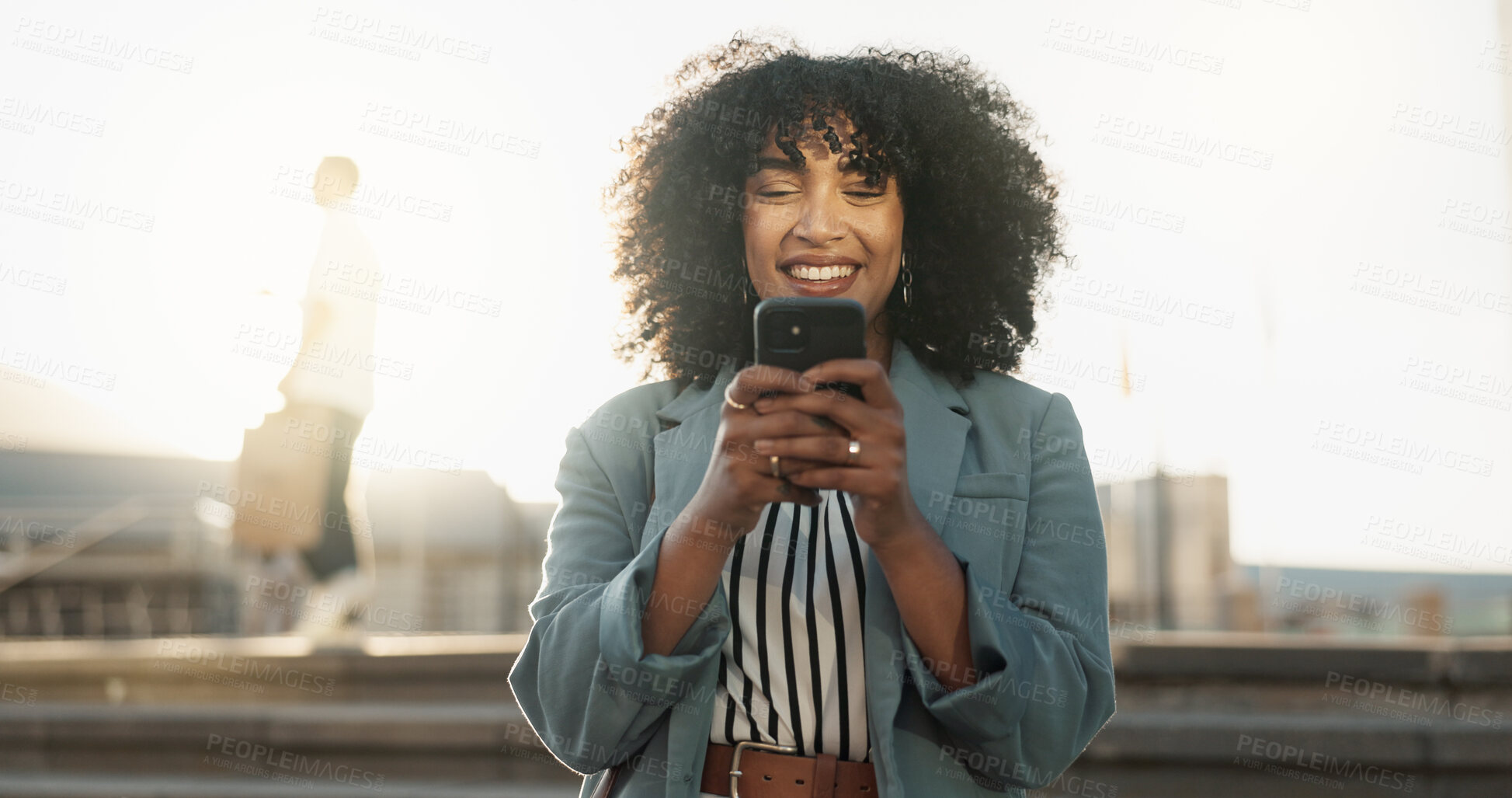 Buy stock photo Outdoor, business and woman with cellphone, smile and contact with social media, digital app and lens flare. Outside, person and employee with smartphone, mobile user and internet with website info