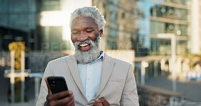 Outdoor, business and senior man with smartphone, celebration and winner with investment. Opportunity, African person and employee with cellphone, mobile user and lens flare with wow, omg and success