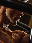 Man, bodybuilder and sweat on athlete skin in workout, exercise or fitness with strong, muscle in gym for healthy life. Dark, background and contrast or anatomy of person with fitness from training