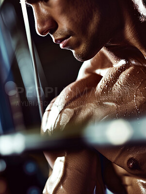 Man, bodybuilder and sweat on athlete skin in workout, exercise or fitness with strong, muscle in gym for healthy life. Dark, background and contrast or anatomy of person with fitness from training