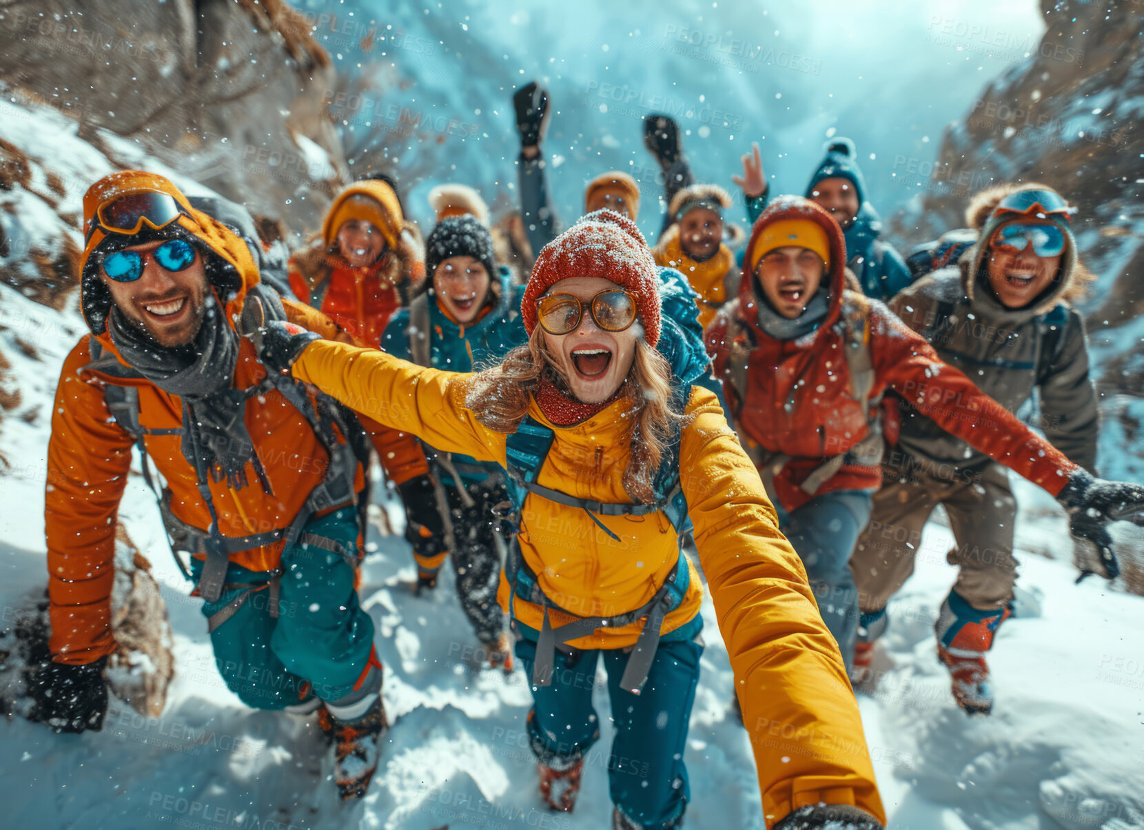 Buy stock photo Success, group and snow with smartphone for travel, freedom or vacation. Healthy, activity and outdoors with happy friends and hiking gear for wellness, motivation or discovery in nature