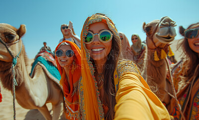 Buy stock photo Selfie, desert and camel with smartphone for travel, freedom or vacation. Health, activity and outdoors with friends group and sunset view for wellness, motivation or discovery in nature