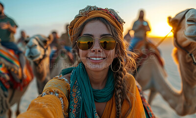 Buy stock photo Selfie, desert and camel with smartphone for travel, freedom or vacation. Health, activity and outdoors with friends group and sunset view for wellness, motivation or discovery in nature