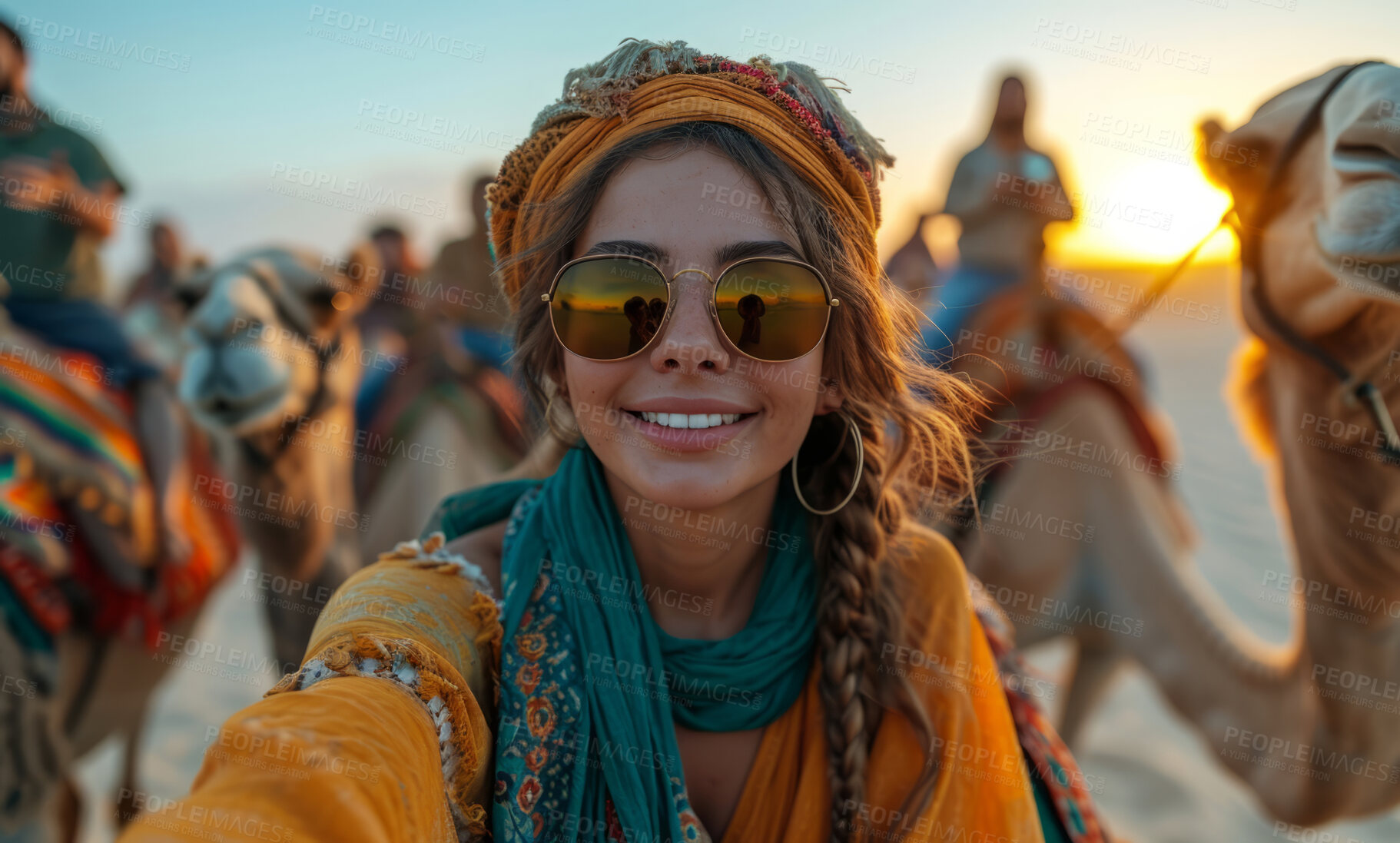 Buy stock photo Selfie, desert and camel with smartphone for travel, freedom or vacation. Health, activity and outdoors with friends group and sunset view for wellness, motivation or discovery in nature