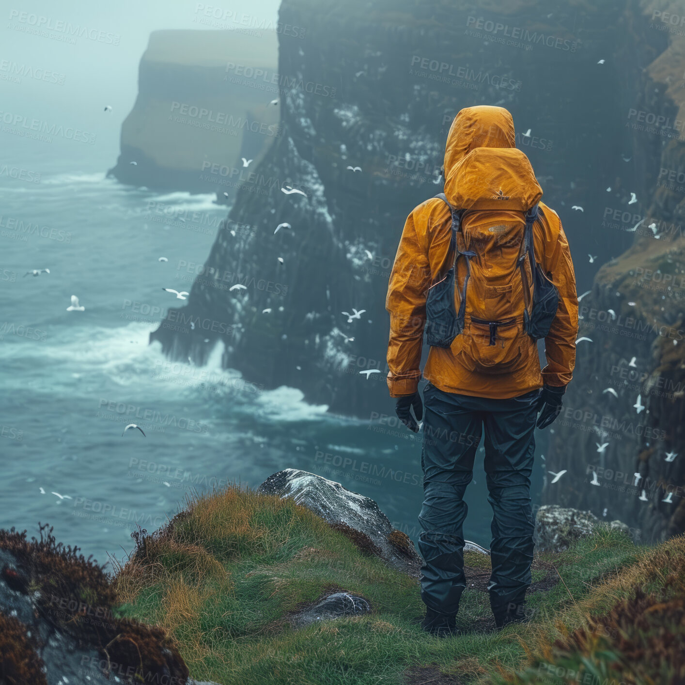 Buy stock photo Mountains, birds and ocean with hiking gear for travel, freedom or vacation. Health, activity and outdoors with person standing or landscape for wellness, motivation or discovery in nature