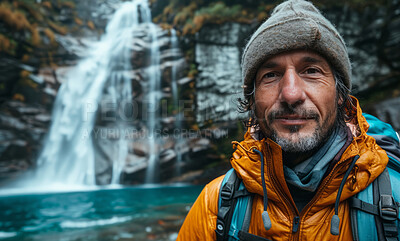 Waterfall, portrait and selfie with hiking gear for travel, freedom or vacation. Health, activity and outdoors with person on landscape view for wellness, motivation or discovery in nature