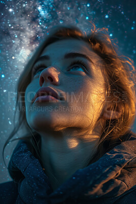 Night sky, stars and woman with close-up for traveling, freedom or vacation. Healthy, activity and outdoors with person looking or thinking for wellness, motivation or discovery, nature