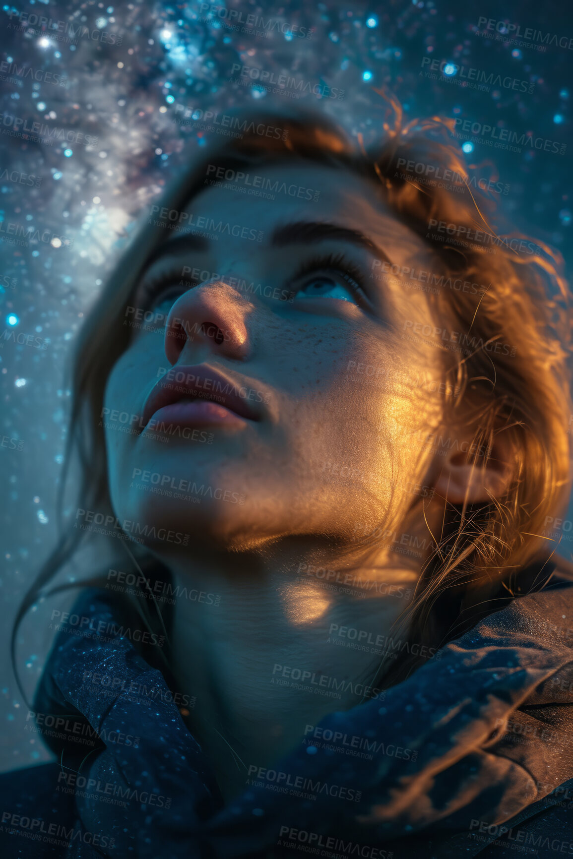 Buy stock photo Night sky, stars and woman with close-up for traveling, freedom or vacation. Healthy, activity and outdoors with person looking or thinking for wellness, motivation or discovery, nature