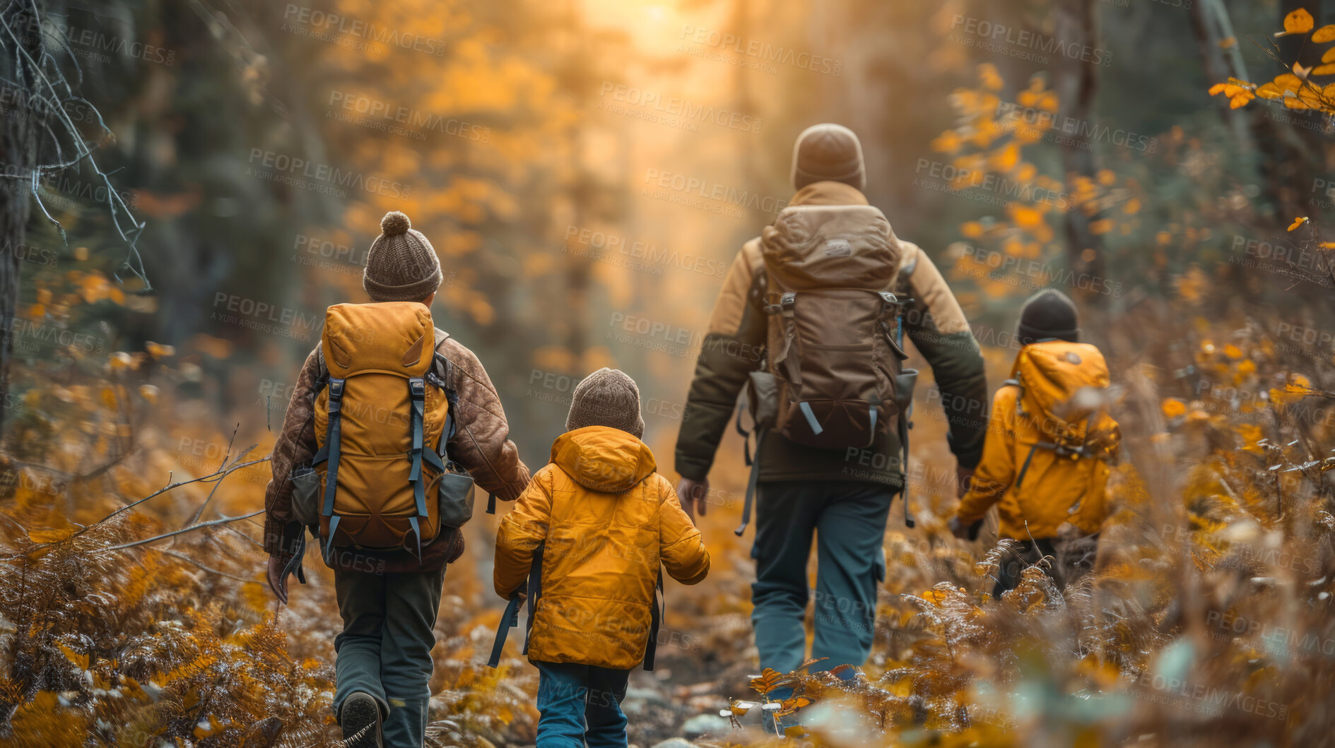 Buy stock photo Sunset, father and children with background for aventure, freedom or vacation. Healthy, activity and outdoors with hiking, forrest or travelling for wellness, motivation or discovery, nature