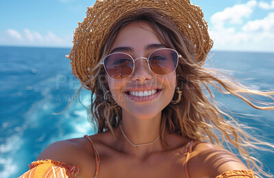 Buy stock photo Young woman, selfie portrait and yacht with glasses for travel, freedom or vacation. Healthy, happiness and outdoors with ocean or beach for wellness, motivation or discovery in nature