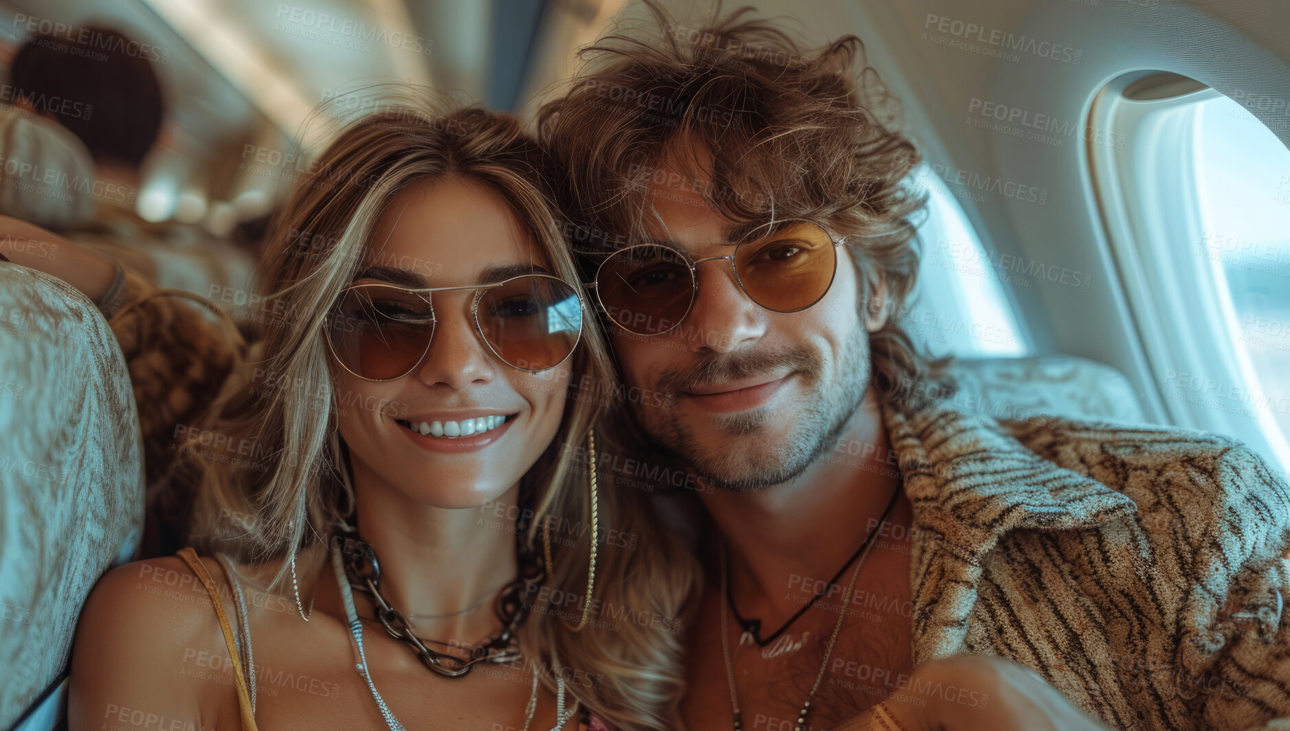 Buy stock photo Young couple, selfie portrait and airplane with love for travel, freedom or vacation. Healthy, happiness and outdoors with friends on airline for wellness, motivation or discovery in nature