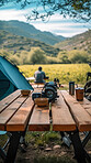 Mountains, Table and camping with background for traveling, freedom or vacation. Healthy, activity and outdoors with abstract, trees or thinking for wellness, motivation or discovery, nature