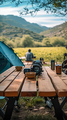 Buy stock photo Mountains, Table and camping with background for traveling, freedom or vacation. Healthy, activity and outdoors with abstract, trees or thinking for wellness, motivation or discovery, nature