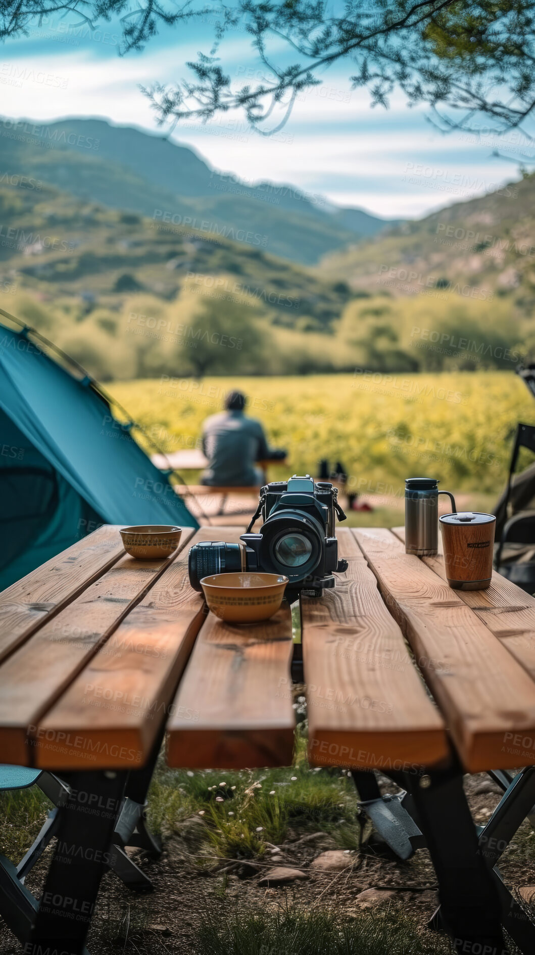 Buy stock photo Mountains, Table and camping with background for traveling, freedom or vacation. Healthy, activity and outdoors with abstract, trees or thinking for wellness, motivation or discovery, nature