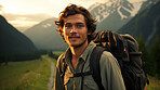 Portrait, adventure and mountain top with man hiking for travel, freedom or sunset vacation. Health, workout and peak with  athlete on landscape view for winner, motivation or exercise in nature