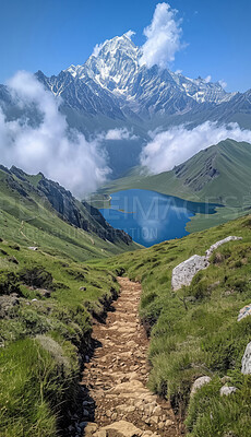 Mountains, path and landscape with background for traveling, freedom or vacation. Healthy, activity and outdoors with abstract, clouds or thinking for wellness, motivation or discovery, nature