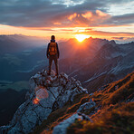 Success, adventure and mountain top with man hiking for travel, freedom or sunset vacation. Health, workout and peak with athlete on landscape view for winner, motivation or exercise in nature