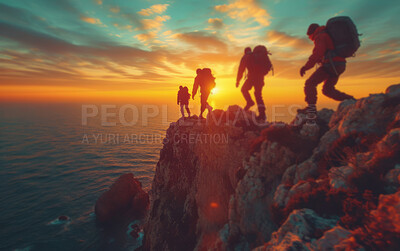 Buy stock photo Mountain peak, adventure and background with hiking gear for travel, freedom or vacation. Health, activity and outdoors with group on landscape view for wellness, motivation or discovery in nature