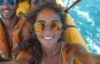 Buy stock photo Young woman, selfie portrait and swimming with group for travel, freedom or vacation. Healthy, happiness and outdoors with friends on beach for wellness, motivation or discovery in nature