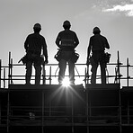 Construction worker, silhouette and team for building development, maintenance and property upgrade together. Teamwork, collaboration and handyman with tools on real estate project on construction site