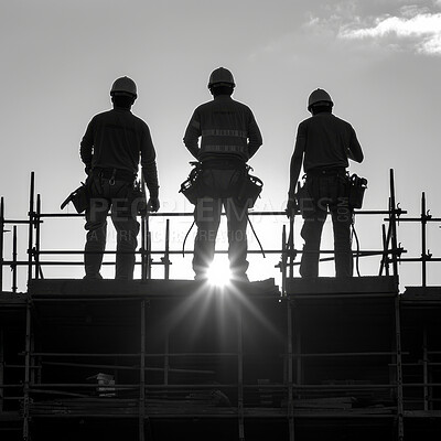 Construction worker, silhouette and team for building development, maintenance and property upgrade together. Teamwork, collaboration and handyman with tools on real estate project on construction site