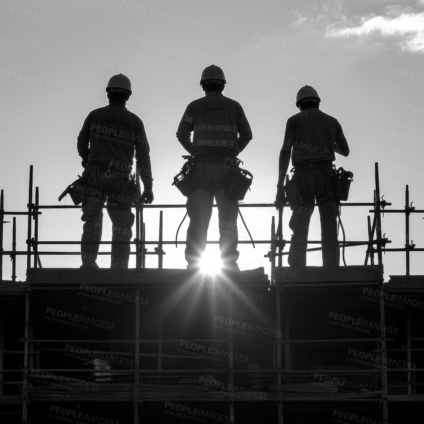 Buy stock photo Construction worker, silhouette and team for building development, maintenance and property upgrade together. Teamwork, collaboration and handyman with tools on real estate project on construction site