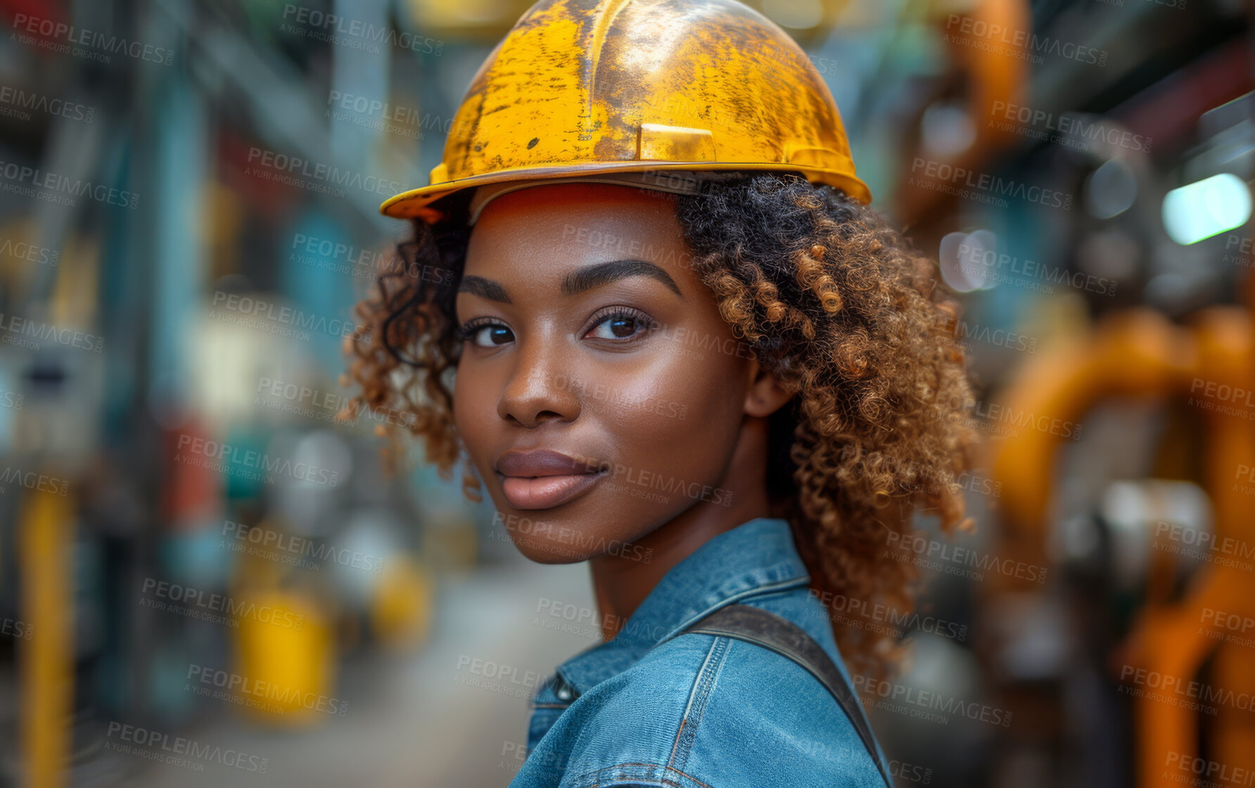 Buy stock photo African woman, portrait and career, inspection at construction site with maintenance, contractor and smile in portrait. Engineer,  thinking and building, urban infrastructure and vision for renovation