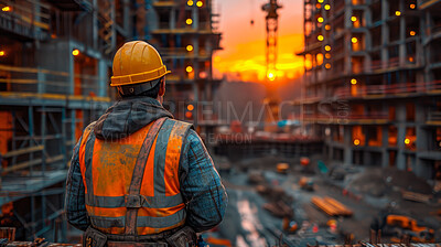 Development, background and engineer for building, construction site and maintenance with contractor, teamwork and landscape. Man working and preparing for infrastructure, vision and renovation
