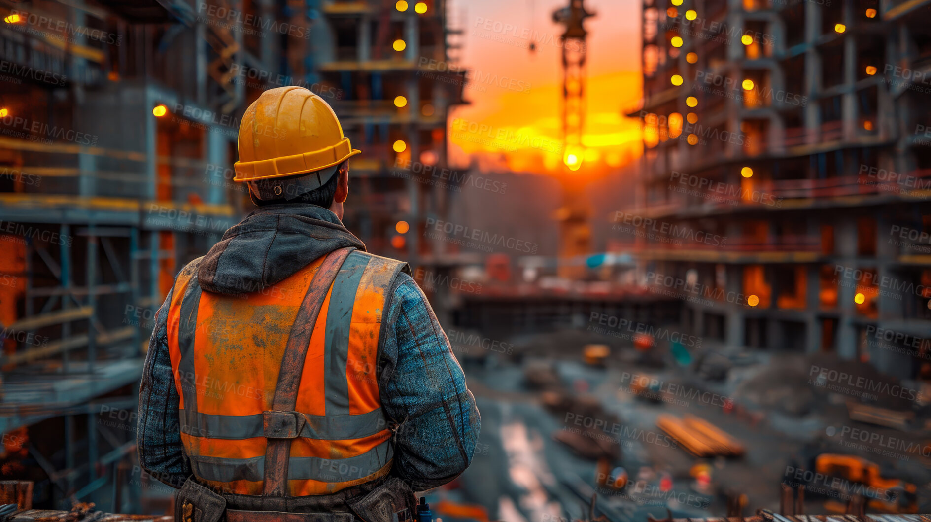 Buy stock photo Development, background and engineer for building, construction site and maintenance with contractor, teamwork and landscape. Man working and preparing for infrastructure, vision and renovation