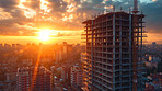 Sunrise, background and morning, building at construction site with maintenance, contractor and crane in landscape. Engineer, working and preparing, urban infrastructure and vision for renovation