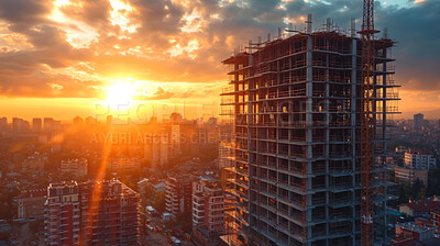 Sunrise, background and morning, building at construction site with maintenance, contractor and crane in landscape. Engineer, working and preparing, urban infrastructure and vision for renovation