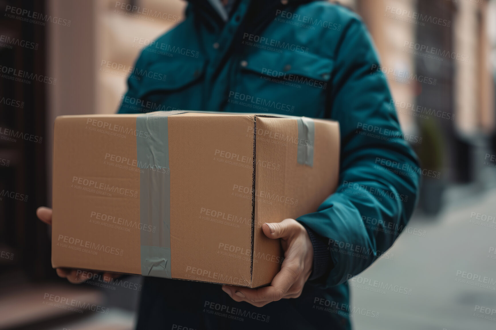 Buy stock photo Delivery, cardboard box and man holding a package for courier business company or moving in concept. Closeup, cropped and parcel handover to consumer for online shopping, ecommerce or shipment