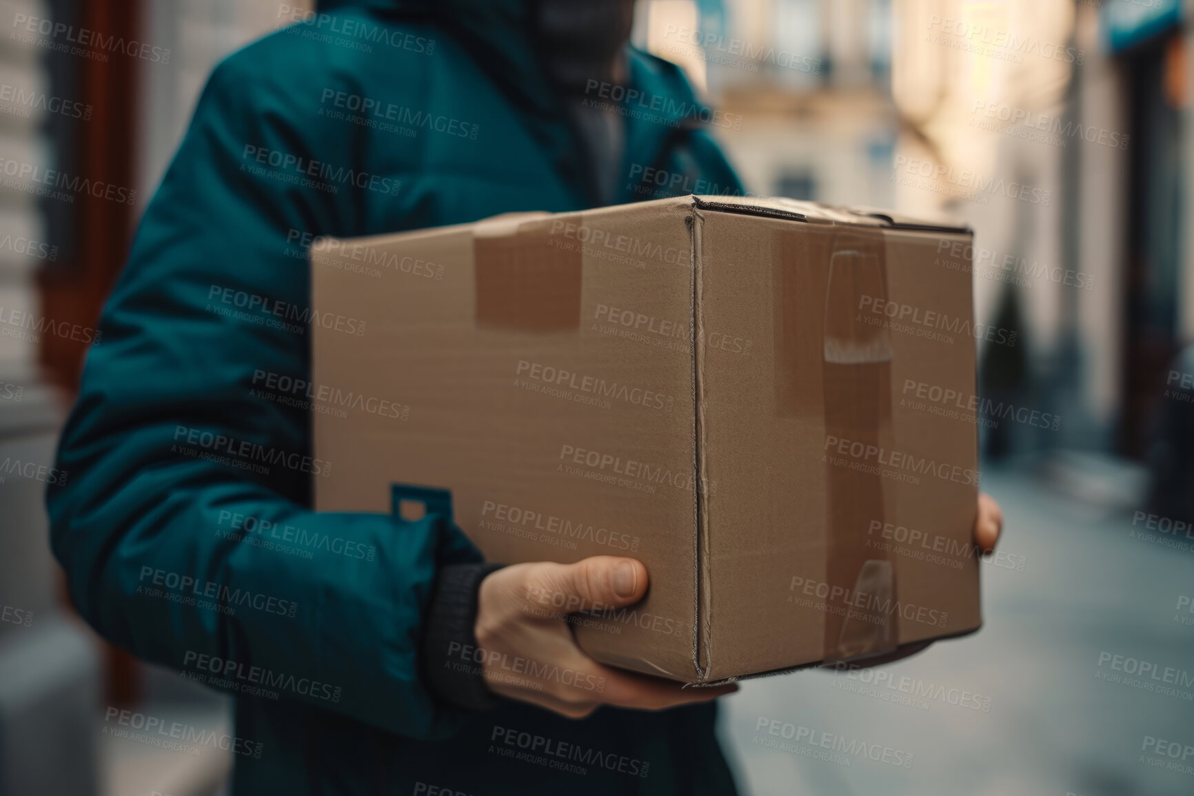 Buy stock photo Delivery, cardboard box and man holding a package for courier business company or moving in concept. Closeup, cropped and parcel handover to consumer for online shopping, ecommerce or shipment