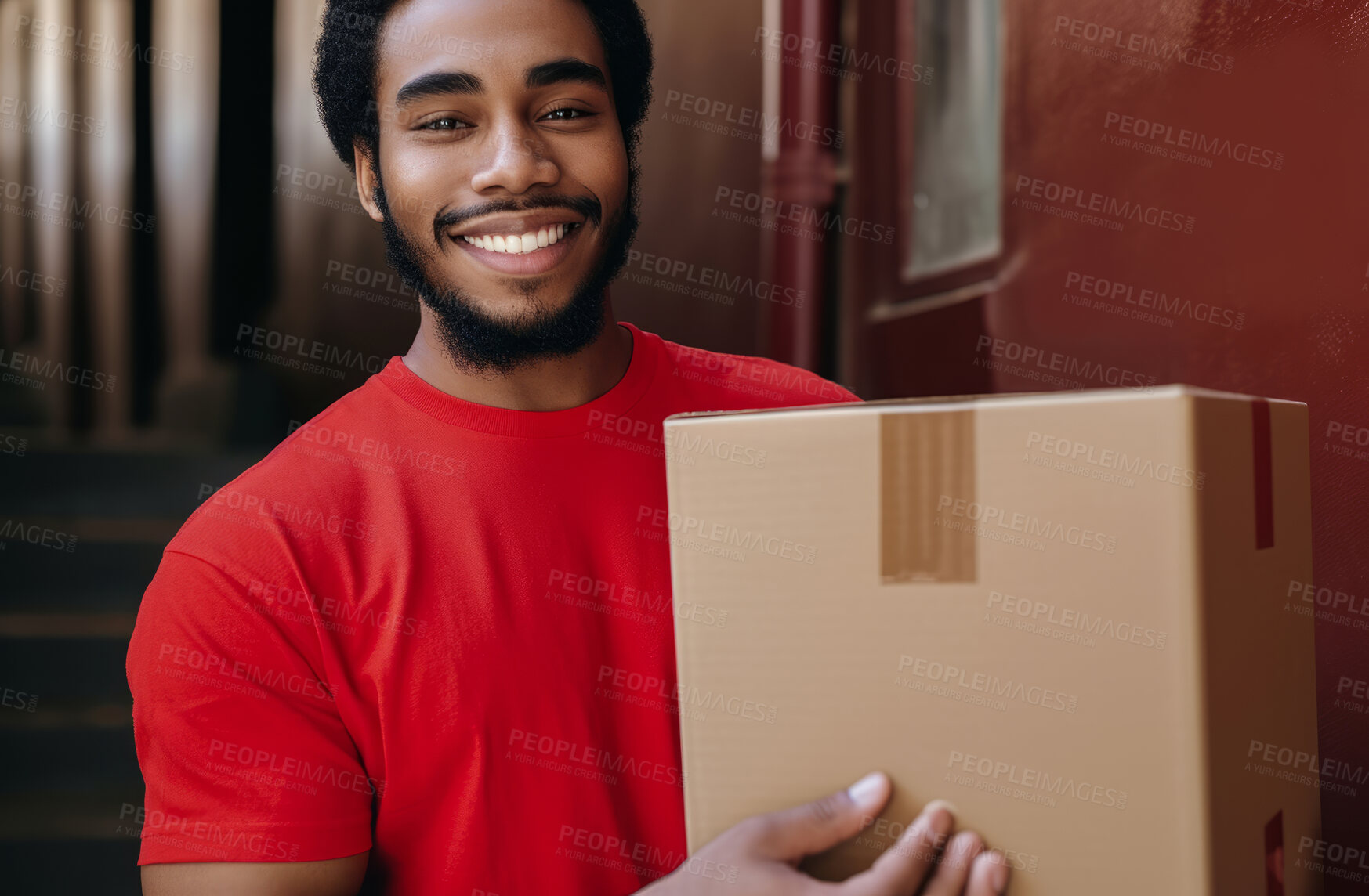 Buy stock photo Delivery, cardboard box and man holding a package for courier business company or product distribution. Portrait, male closeup and parcel handover to consumer for online shopping, ecommerce or shipment