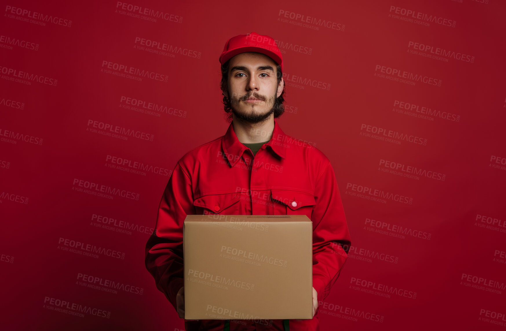 Buy stock photo Delivery, cardboard box and man holding a package for courier business company or product distribution. Portrait, male closeup and parcel handover to consumer for online shopping, ecommerce or shipment