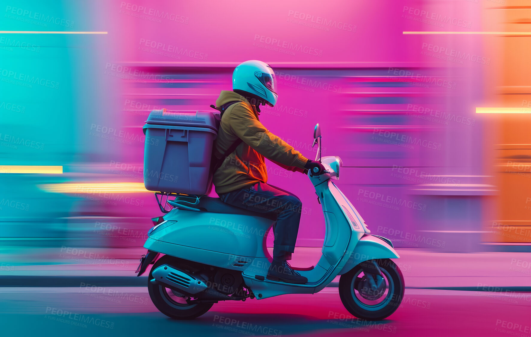 Buy stock photo Delivery service, scooter and man driving a bike for courier business company, food parcel transport or app. Motorcycle, transportation and employee for online shopping, ecommerce or shipment