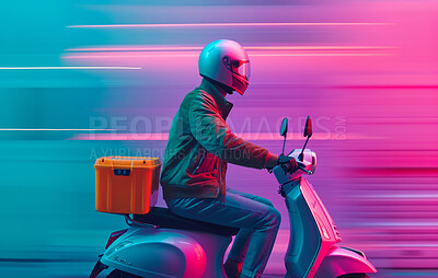 Delivery service, scooter and man driving a bike for courier business company, food parcel transport or app. Motorcycle, transportation and employee for online shopping, ecommerce or shipment