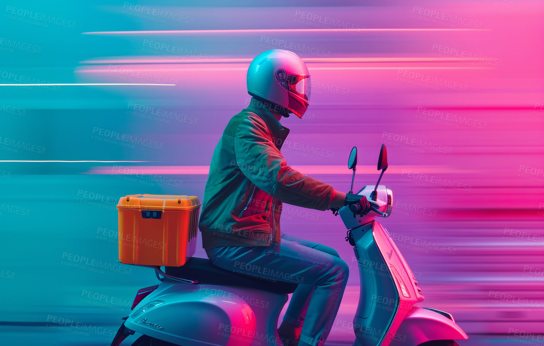 Buy stock photo Delivery service, scooter and man driving a bike for courier business company, food parcel transport or app. Motorcycle, transportation and employee for online shopping, ecommerce or shipment