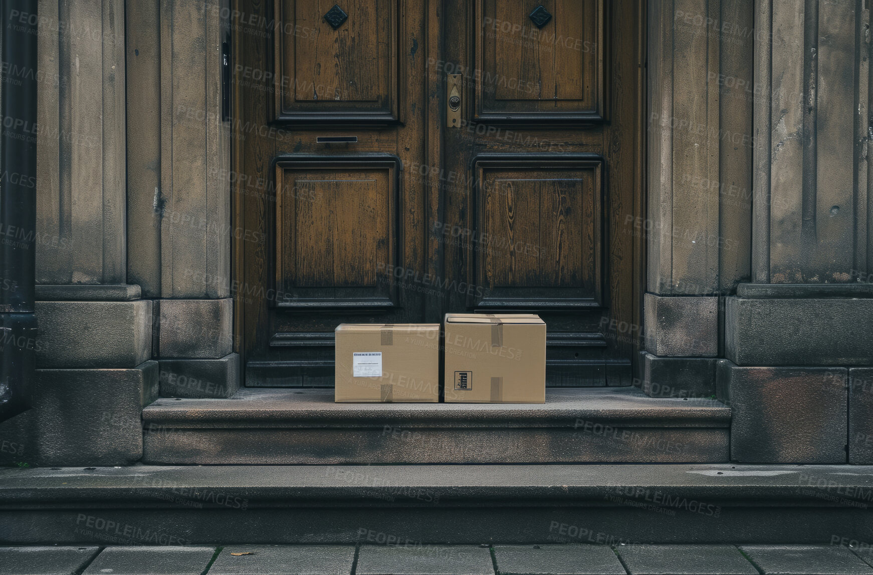 Buy stock photo Door delivery, courier or package on front doorstep for ecommerce business,  shopping or shipment company. Empty, home and entrance with parcel for secure service, cardboard box, and residence